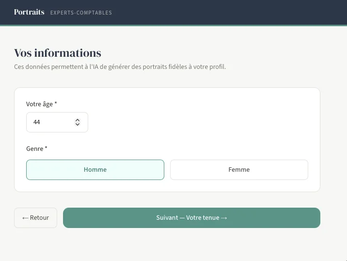Écran de confirmation des informations personnelles : âge et genre du collaborateur