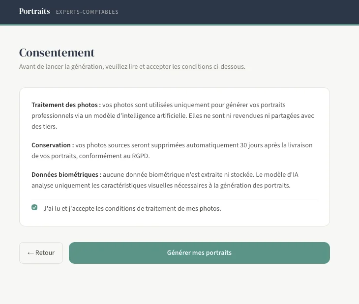 Écran de consentement RGPD avant la génération des portraits professionnels par IA