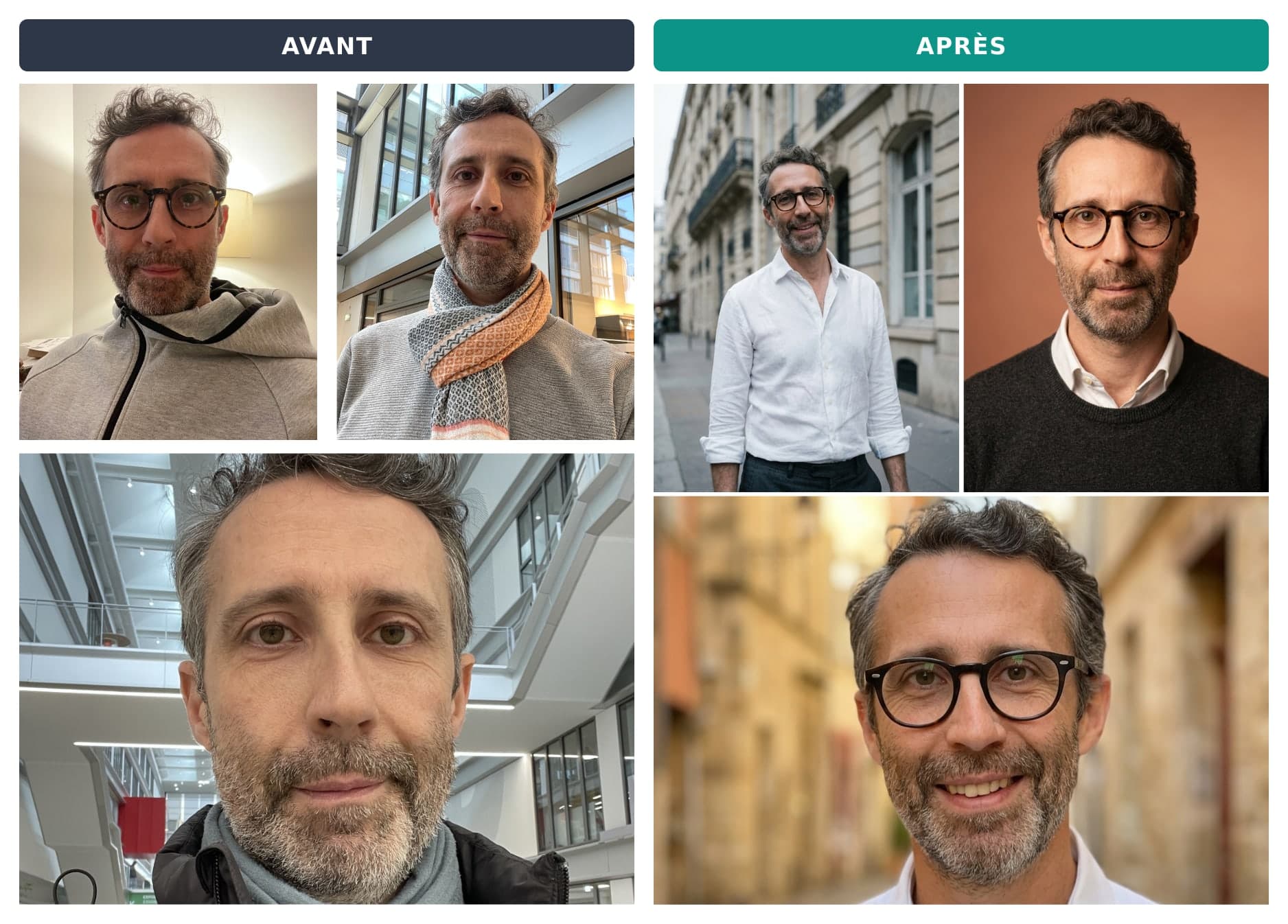 Comparaison entre des photos prises au smartphone et les portraits professionnels correspondants, pour les mêmes personnes