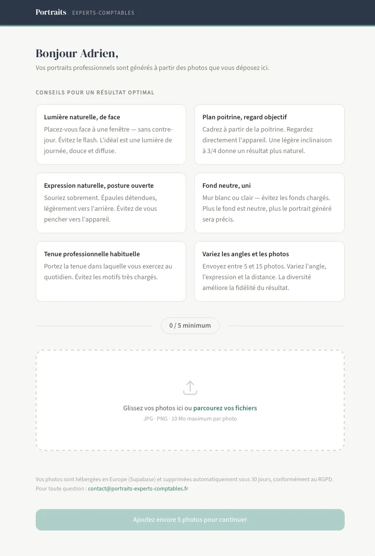 Interface de dépôt de photos Portraits Experts-Comptables : conseils pour la lumière, le cadrage, l'expression et le fond, avec zone de glisser-déposer et mention de conformité RGPD